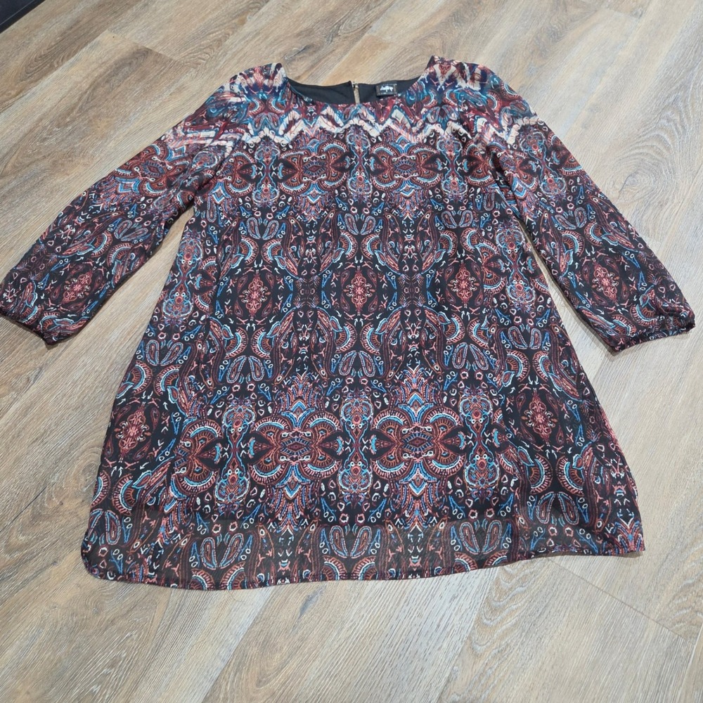 Daytrip Womens Long Sleeve Paisley Print Shift Dress Boho Red Blue Black Size L